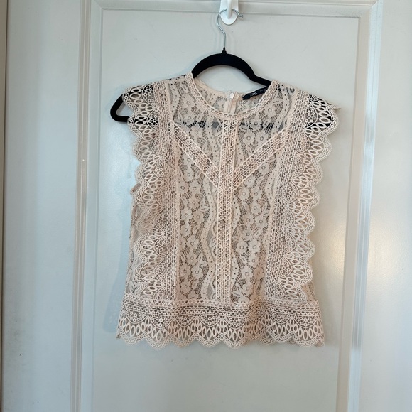 Zara Blush Pink/Beige Lace Cap Sleeves Floral Lace Doily Top, Small - Picture 13 of 13